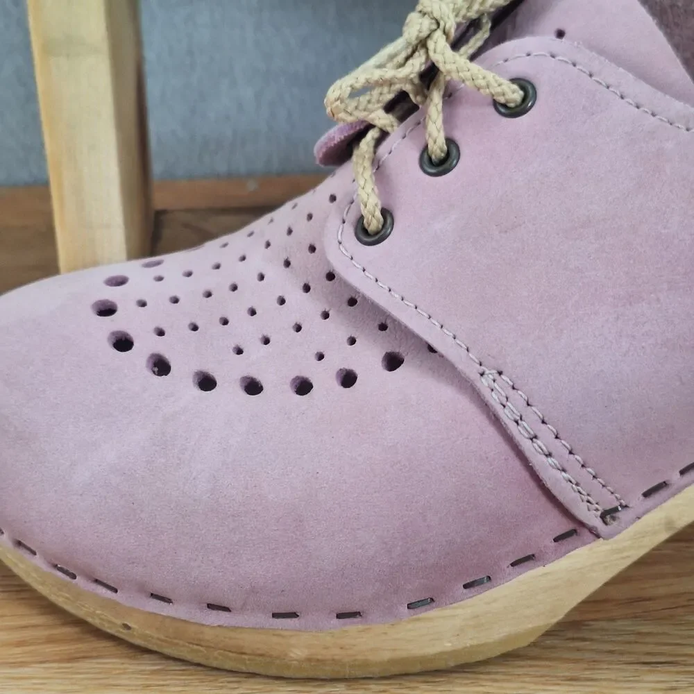Sven Women's US 9.5-10 EU 40 Lace-Up Clogs Tan Pink Circle Punch Leather Sweden - Picture 10 of 11